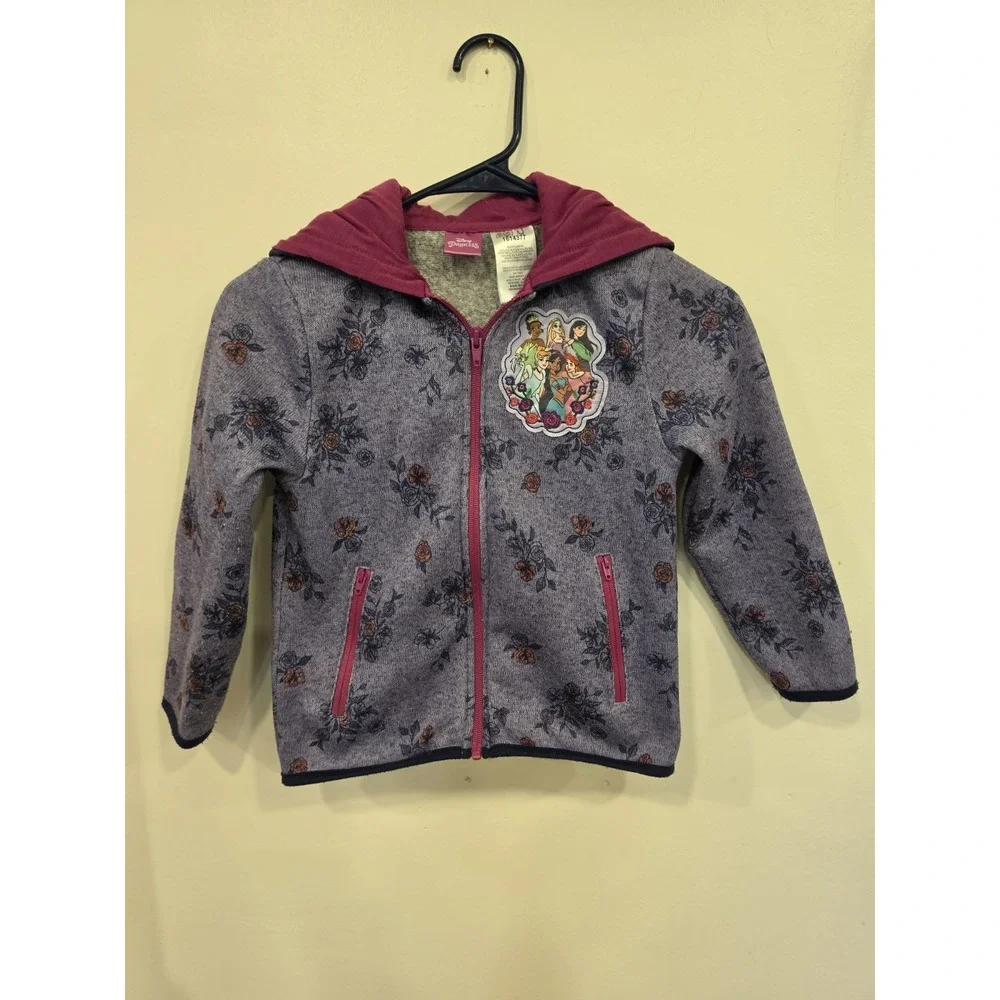 Disney Princess Girls Size 7 Hooded Fleece Jacket Floral Full Zip Tiana Ariel